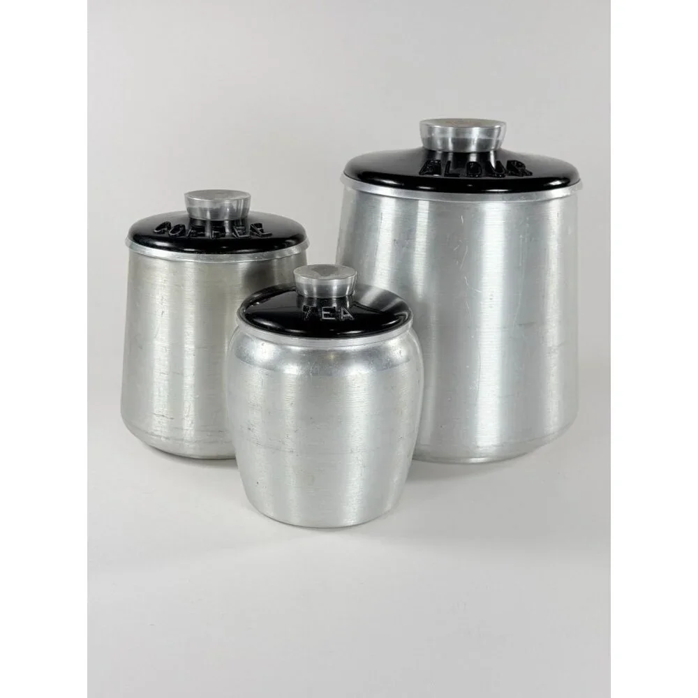 Vintage Kromex Spun Aluminum Canister Set Flour Coffee Tea 3-Piece Set With Lids